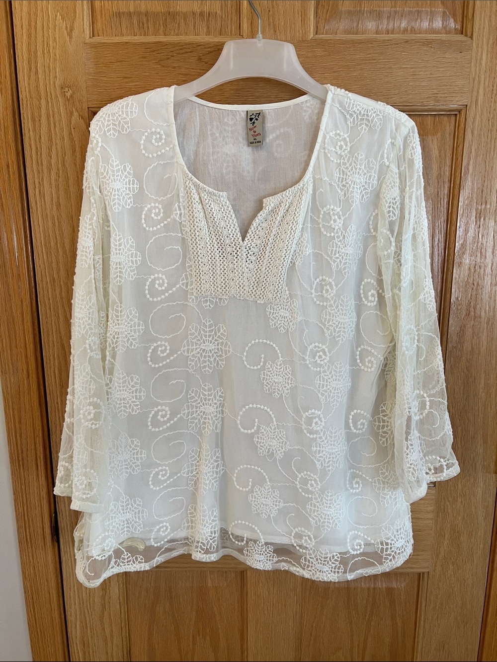 Now & Then - Cream Crochet-Accent Embroidered Tunic Blouse